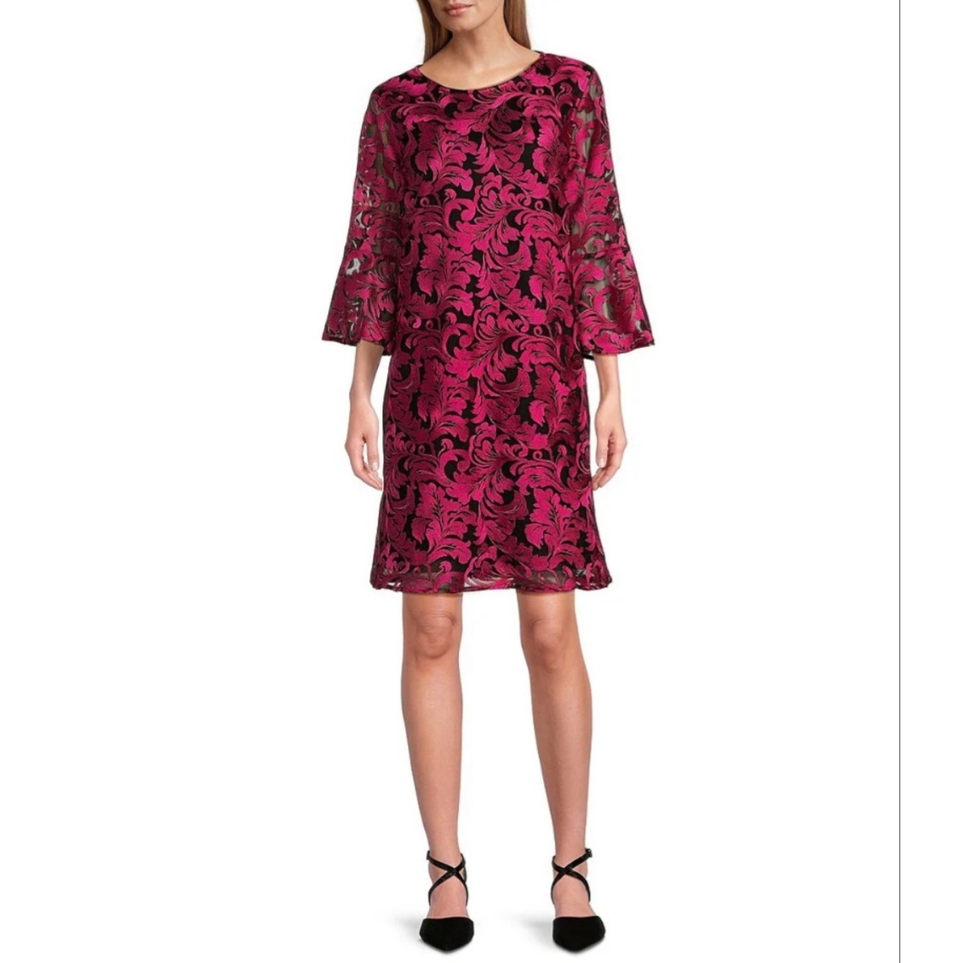 Caroline Rose Bella Soiree Embroidered Mesh Lace 3/4 Bell Sleeve Shift Dress